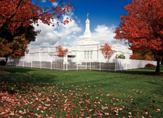 The Columbus Ohio temple surrounded by autumn trees and green grass