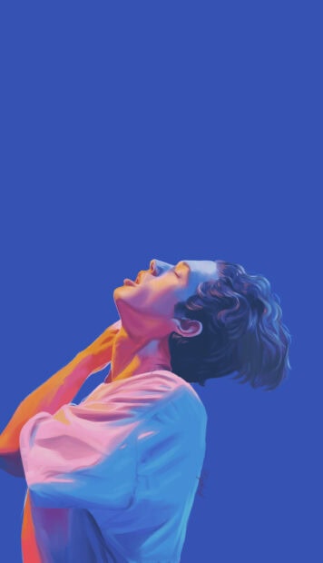 A digital portrait of Conan Gray with vibrant blue and pink lighting effects, 2K Phone Wallpaper