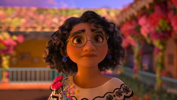 A close up of a concerned character wearing glasses in the colorful Encanto setting, HD Desktop Wallpaper