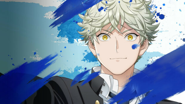 A confident character with white hair and yellow eyes surrounded by blue paint strokes in Blue Period, HD Desktop Wallpaper