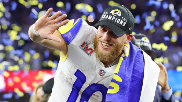 Cooper Kupp celebrating the Super Bowl victory with a towel draped on his shoulder