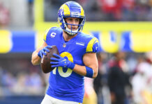 Cooper Kupp preparing to throw a football during an NFL game in Rams uniform