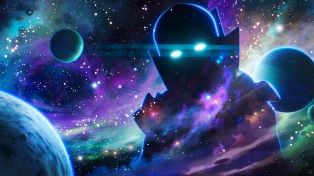 A cosmic silhouette with glowing eyes floats among colorful space clouds and planets in What If Wallpapers, 4K Desktop Wallpaper