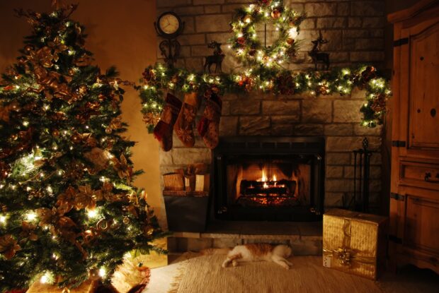 A cat rests near a lit fireplace decorated with festive garlands and a Christmas tree, HD Desktop Wallpaper