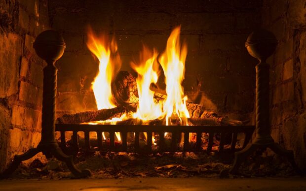 A cozy burning fire with wooden logs in a brick fireplace, HD Desktop Wallpaper