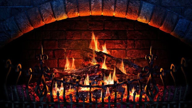 A warm burning wood fire glowing inside the brick fireplace, HD Desktop Wallpaper
