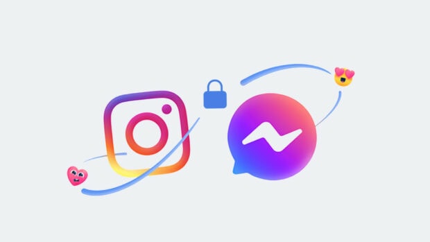 Creative Instagram interaction design with Messenger icon and emoji orbiting between with a lock symbol