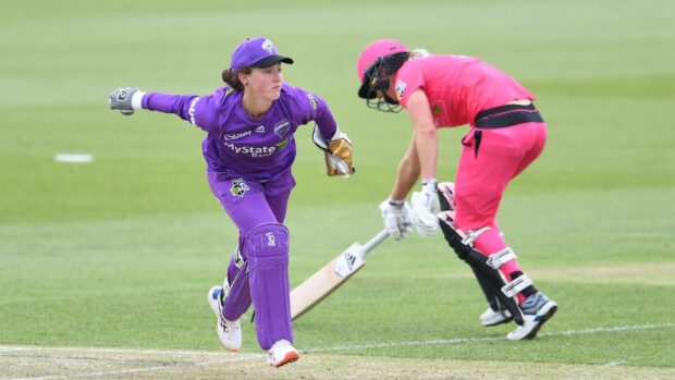 Female cricket player fielding during a cricket match on a green field