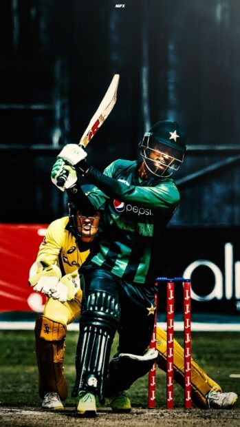 A cricket player from Pakistan in action playing a shot during a match at the crease