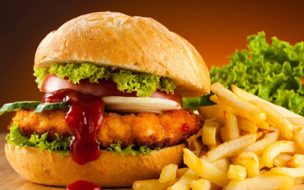 A crispy chicken burger with lettuce, tomato, onion, and ketchup served with fresh French fries, 2K Desktop Wallpaper