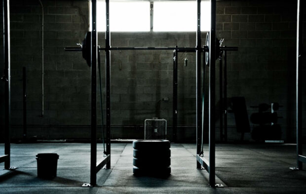 Crossfit gym equipment set in a workout room with weights and racks, HD Desktop Wallpaper