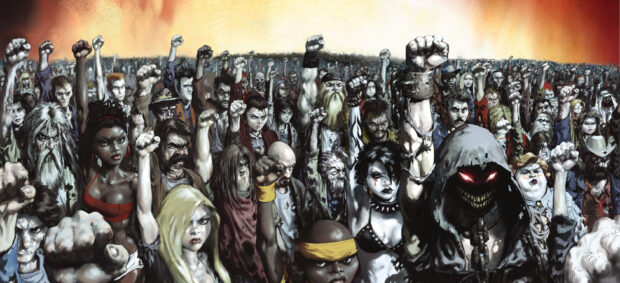 A disturbed crowd of angry characters stands united with raised fists in this disturbed wallpaper, 2K Desktop Wallpaper