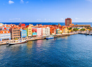 A vibrant cityscape of Curacao island featuring colorful buildings along the waterfront