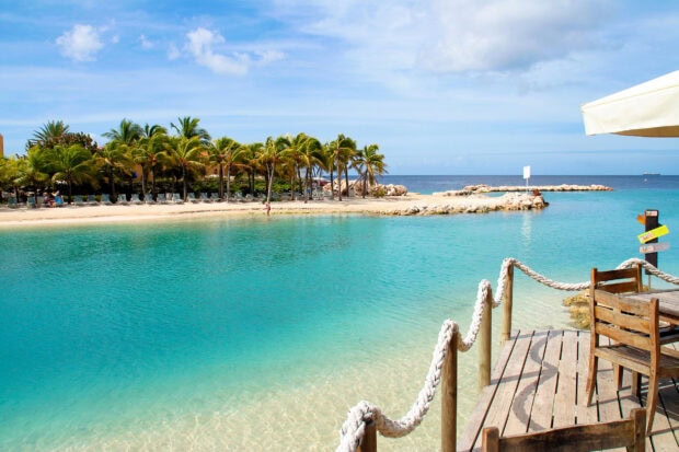 Clear turquoise water and palm trees at Curacao Island beach resort