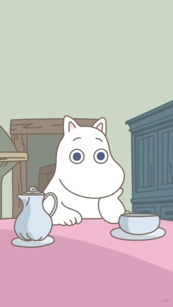 A calm Moomin character sits at the table with a cup and pitcher in a cozy room, HD Phone Wallpaper