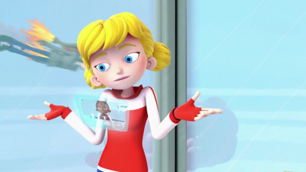 A character from Inspector Gadget with a digital screen on her chest is shown shrugging, HD Desktop Wallpaper