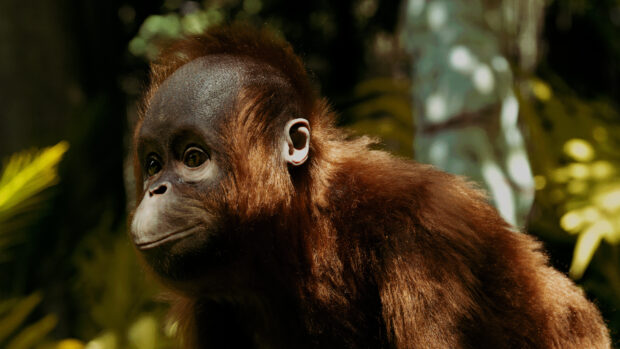 A young orangutan closely observes its surroundings in the forest, 4K Desktop Wallpaper