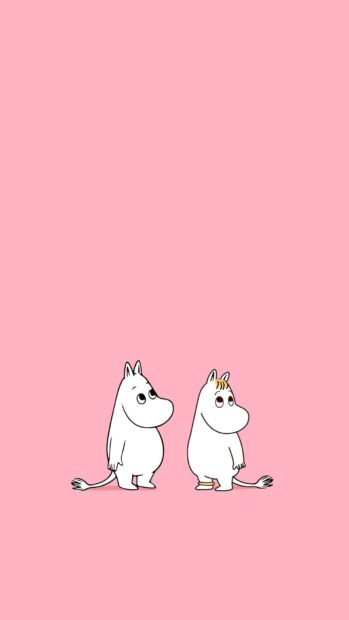 Two Moomin characters stand on a plain pink background looking to the side, HD Phone Wallpaper