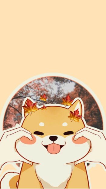 A happy Shiba Inu with falling autumn leaves on its head in a peaceful outdoor setting, 2K Mobile Wallpaper