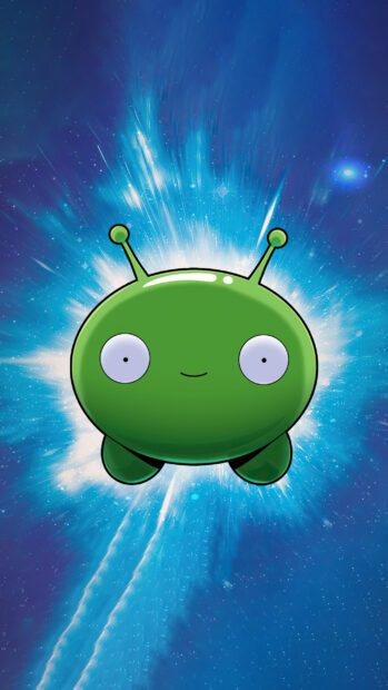 A cute green alien floats in front of a bright cosmic background in Final Space, 2K Phone Wallpaper