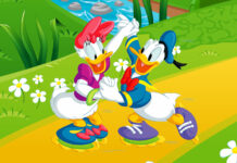 Daisy Duck and Donald Duck roller skating happily on a sunny path surrounded by flowers and greenery