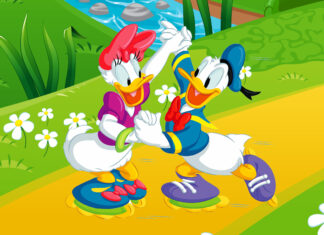 Daisy Duck and Donald Duck roller skating happily on a sunny path surrounded by flowers and greenery
