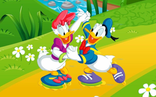 Daisy Duck and Donald Duck roller skating happily on a sunny path surrounded by flowers and greenery