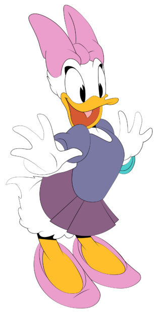 Daisy Duck wearing a purple dress and pink bow with arms outstretched on a white background