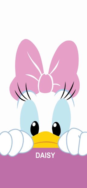 Close up of Daisy Duck face with pink bow peeking over a purple surface