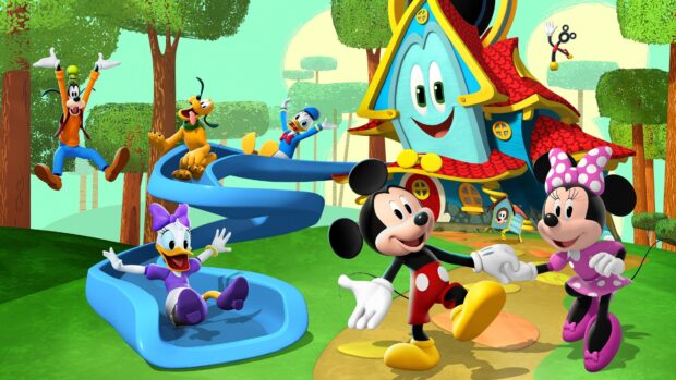 Daisy Duck cartoon character having fun on the slide with friends in a colorful playground