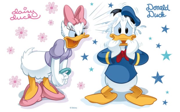 Daisy Duck and Donald Duck characters in a cartoon scene with Daisy looking angry and Donald appearing scared