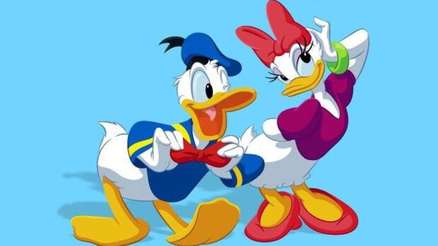 Donald Duck and Daisy Duck standing together with cheerful expressions on a blue background