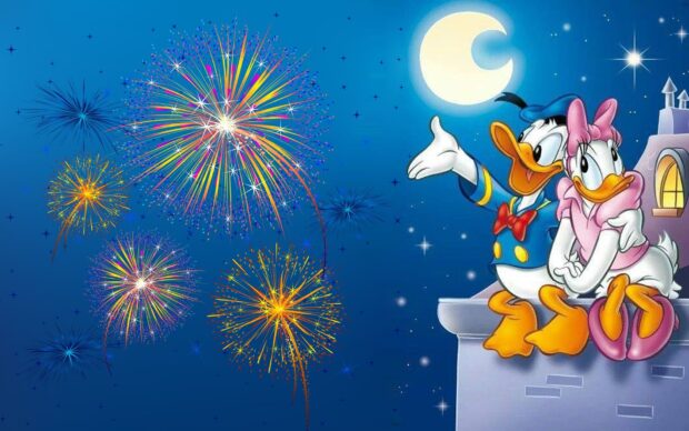 Donald Duck with Daisy Duck enjoying fireworks under the moonlight