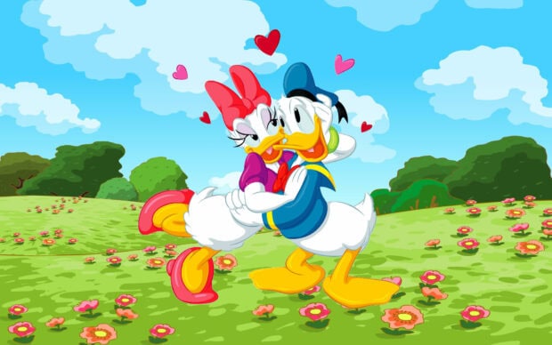 Daisy Duck and Donald Duck embracing lovingly in a colorful flower field with hearts above