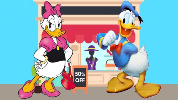 Daisy Duck standing confidently with a handbag in front of a shop with Donald Duck nearby