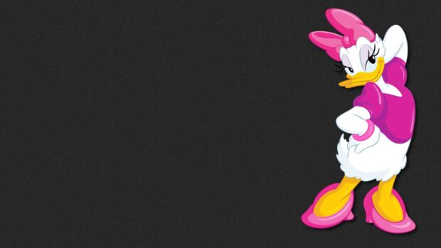 Daisy Duck standing confidently with a pink bow and dress on a black background