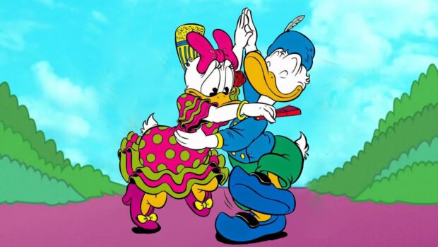Daisy dancing with Donald in a colorful dress and outfit on a bright background