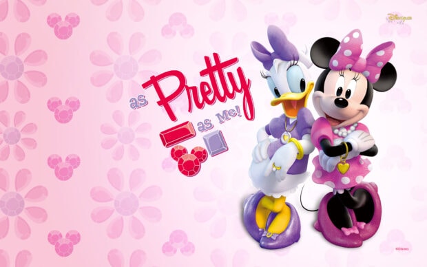 Daisy Duck standing next to Minnie Mouse with a pink background and purple outfit