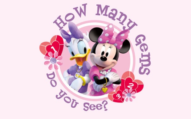 Daisy Duck standing next to Minnie Mouse with hearts and text How many gems do you see