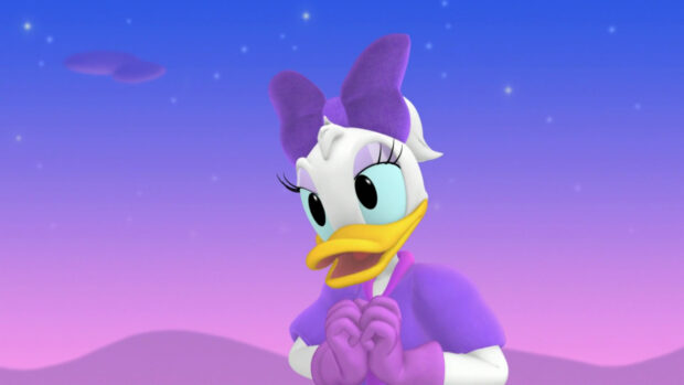 Daisy Duck wearing a purple bow and gloves in front of a starry sky background