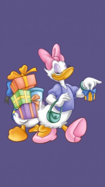 Daisy Duck carrying colorful gift boxes while holding a small wrapped present with a blue bow