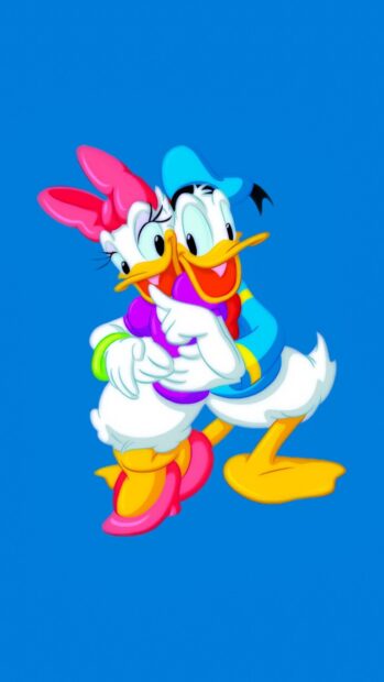 Daisy Duck character hugging Donald Duck on a blue background