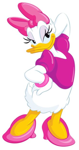 Daisy Duck wearing a pink bow and outfit standing confidently with one hand on her hip