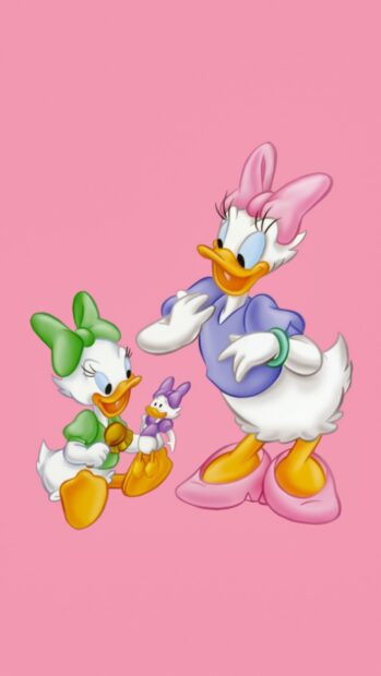Daisy Duck and her niece playing with a doll on a pink background