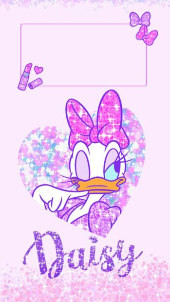 Daisy duck character with a pink bow inside a sparkling heart shape on a purple background