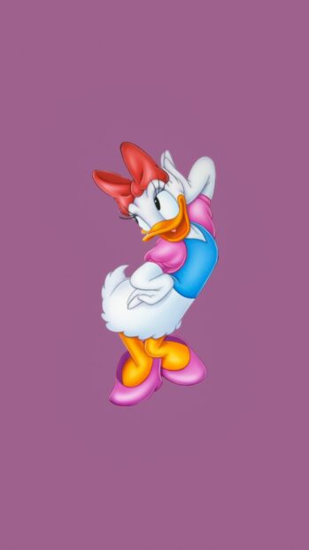 Daisy Duck standing with a red bow and blue dress on a purple background