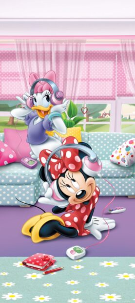 Daisy Duck and Minnie Mouse enjoying music with headphones in a colorful living room setting