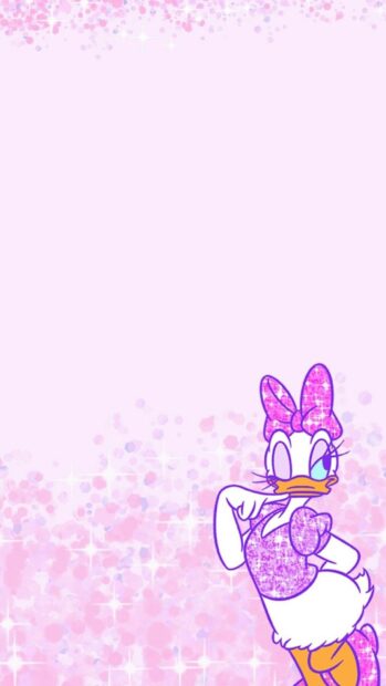 Daisy Duck wearing a sparkling purple outfit and bow on a pink glittery background