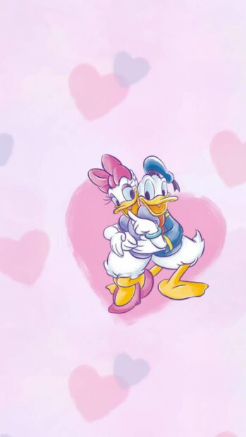Donald Duck and Daisy Duck hugging with hearts in the background