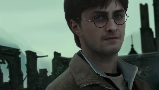 A detailed digital portrait of Daniel Radcliffe with ruined buildings in the background, HD Desktop Wallpaper